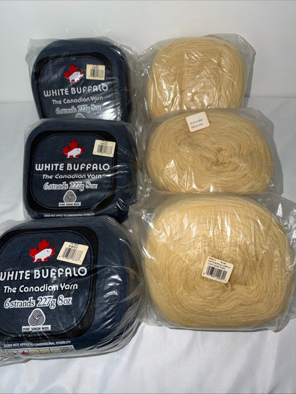 White Buffalo Pure Virgin Wool Yarn 6 Strands Unspun Lot Of 6 Navy, Light Moss